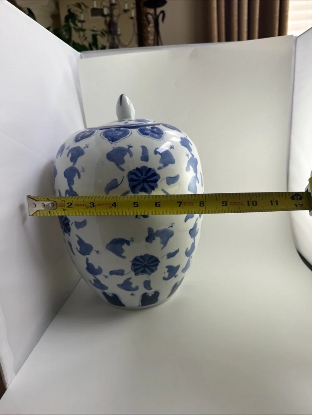 Vintage Chinese Blue and White Porcelain Ginger Jar with Lid 12”